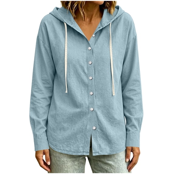 QIYAGBSA Hooded Denim Shirt for Women Button Down Long Sleeve Relaxed Fit Casual Spring Fall (Light Blue, XL)
