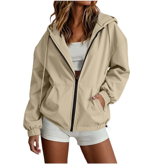 QIYAGBSA Hooded Jacket for Women Lightweight Windbreaker Zip Front Drop Shoulder Drawstring Hem Elastic Cuffs with Pockets Nylon Shell