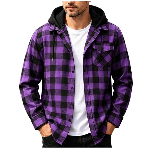 QIYAGBSA Hooded Plaid Shirt for Men, Long Sleeve Button Down Flannel Jacket with Pockets for Fall and Outdoor Wear