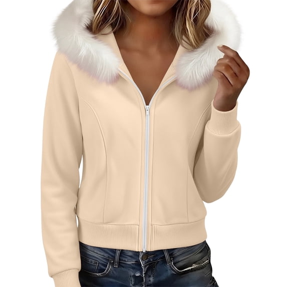 QIYAGBSA Hoodies for Women Zip Up Collar Hooded Sweatshirt with Pockets Ribbed Cuffs Casual Winter Outwear (Beige, L)