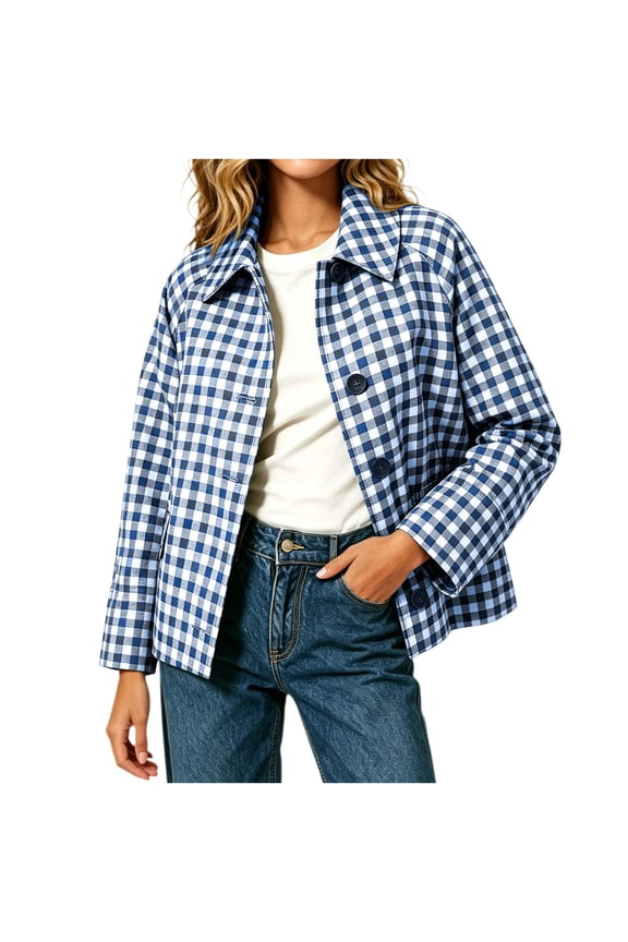 Jackets for Women Button Down Relaxed Fit Short Coat with Side Pockets Casual Gingham Plaid Outerwear (Blue, XL)