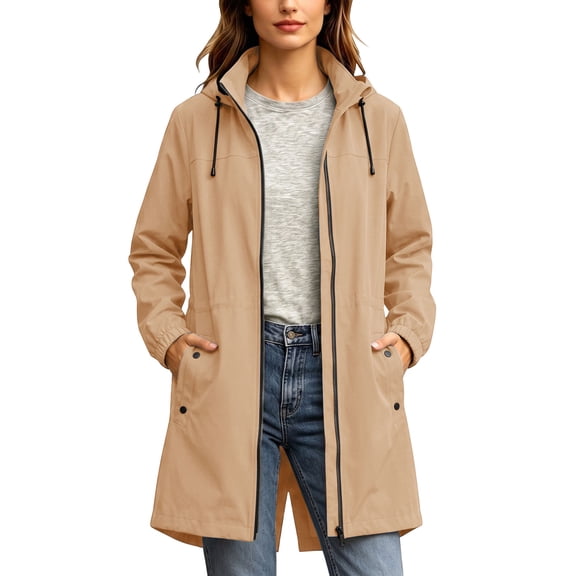 QIYAGBSA Jackets for Women Hooded Zip Up Long Lightweight Fall Windbreaker with Drawstring Hood and Snap Pockets (Khaki, XL)