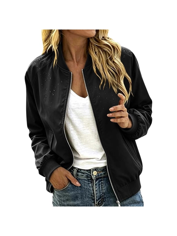 Jackets for Women Zip Up Stand Collar Lightweight Fall Casual Outerwear with Pockets (Black, M)