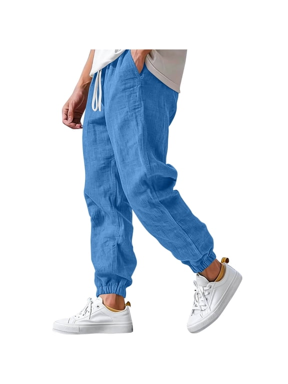 Joggers for Men Cotton Linen Drawstring Elastic Waist Relaxed Loose Fit with Side Pockets Elastic Ankle Cuffs Lightweight Casual Summer Walking Pants