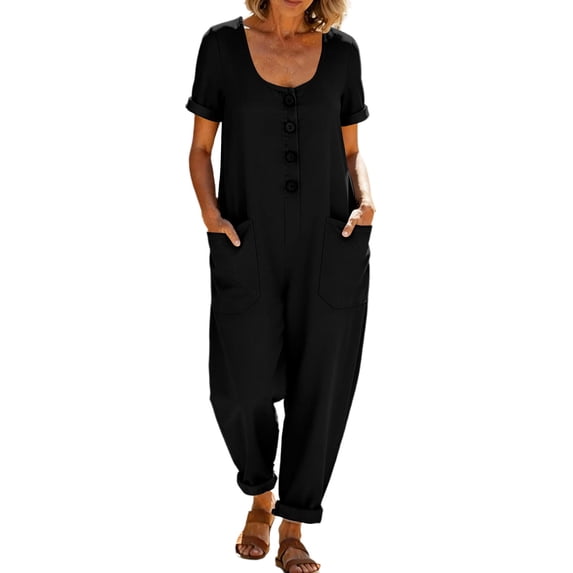 QIYAGBSA Jumpsuits for Women Casual Cotton Linen Short Sleeve Button Down with Pockets Soft Loose Fit (Black, 2XL)