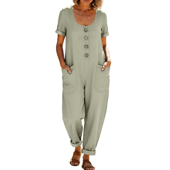 QIYAGBSA Jumpsuits for Women Casual Cotton Linen Short Sleeve Button Down with Pockets Soft Loose Fit (Gray, 3XL)