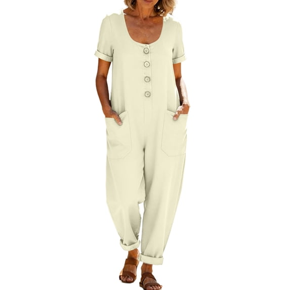 QIYAGBSA Jumpsuits for Women Casual Cotton Linen Short Sleeve Button Down with Pockets Soft Loose Fit (White, M)
