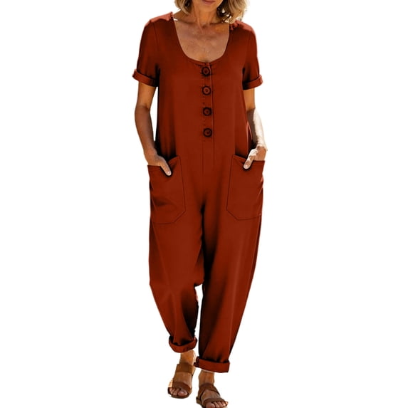 QIYAGBSA Jumpsuits for Women Casual Cotton Linen Short Sleeve Button Down with Pockets Soft Loose Fit (Wine, S)