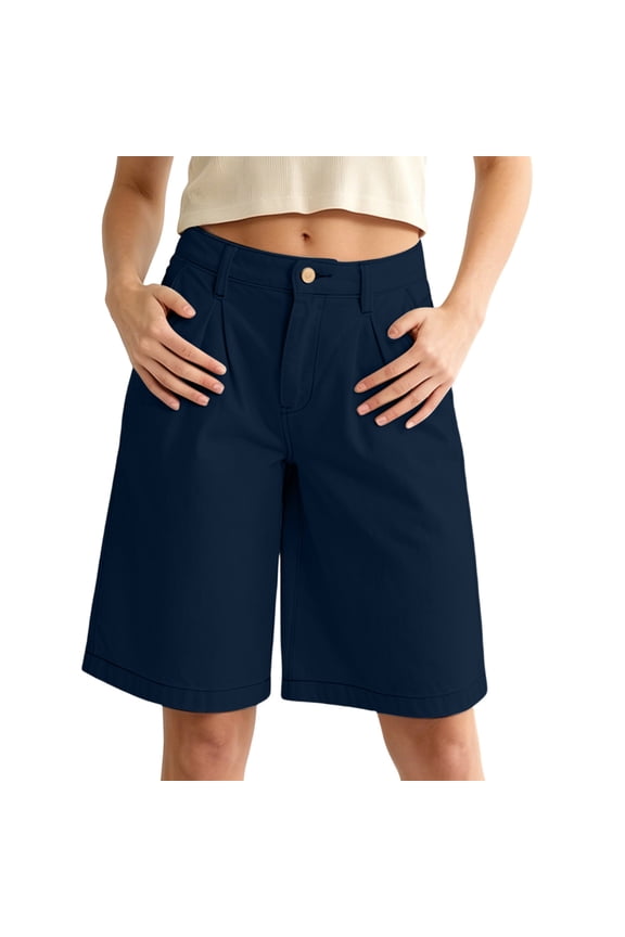 Knee Length Shorts for Women High Waist Button Zip Fly with Pockets Relaxed Fit Solid Color Casual Summer (Navy S)