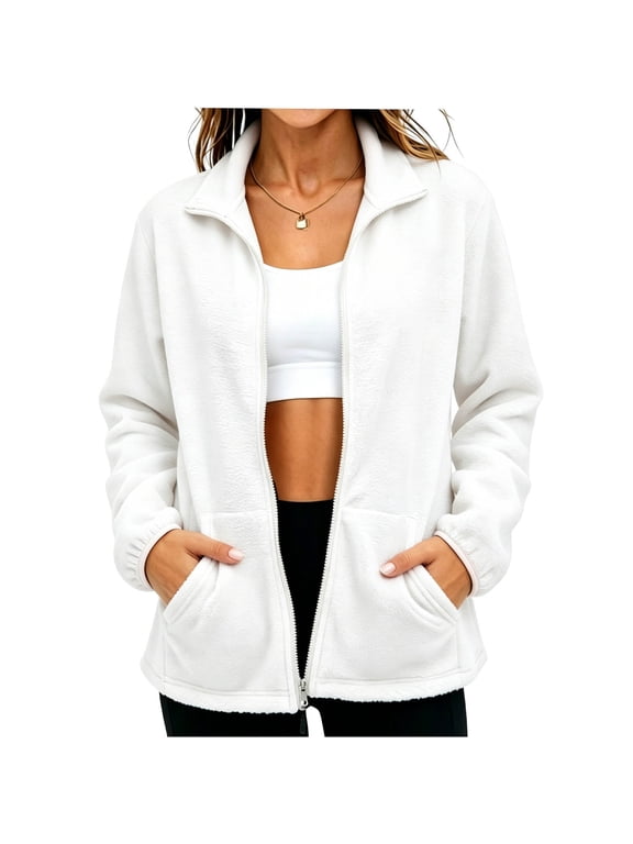 Lightweight Fleece Jacket for Women Full Zip Polar Fleece Stand Collar Front Pockets Casual Fall Winter