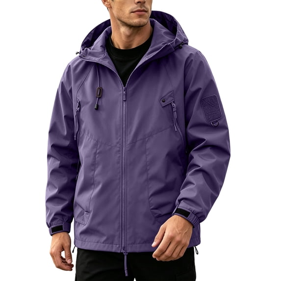 QIYAGBSA Lightweight Waterproof Hooded Jackets for Men Windproof Full Zip Multi Pocket Outdoor Hiking Travel Loose Fit Long Sleeve Spring Fall Coat