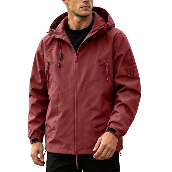 QIYAGBSA Lightweight Waterproof Hooded Jackets for Men Windproof Full Zip Multi Pocket Outdoor Hiking Travel Loose Fit Long Sleeve Spring Fall Coat