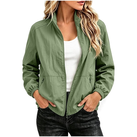 QIYAGBSA Lightweight Zip Jackets for Women Stand Collar Full Zip Casual Windbreaker with Zipper Pockets Elastic Cuffs Fall Travel Hiking Outerwear