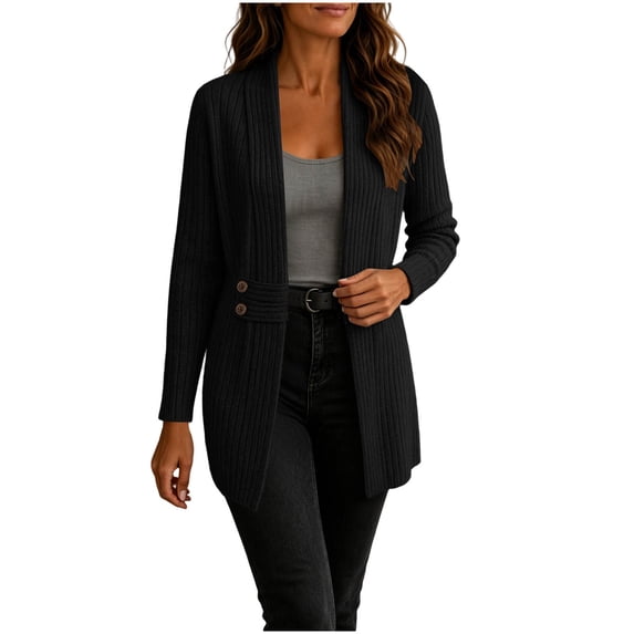 QIYAGBSA Long Open Front Cardigan Sweaters for Women Shawl Collar Ribbed Knit Long Sleeve Fall Winter Casual Lightweight Cover Ups with Waist Detail