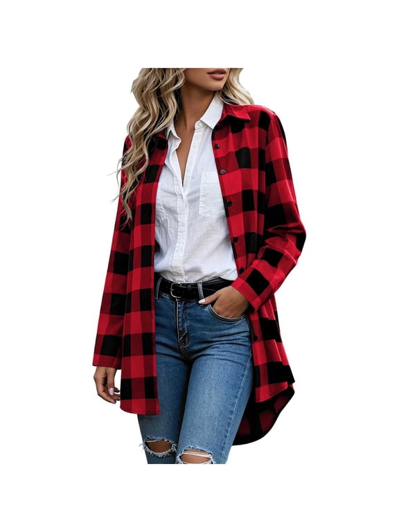 Long Plaid Button Down Shirts for Women Collared High Low Hem Loose Lightweight Fall Spring Casual Outerwear Blouses Tops