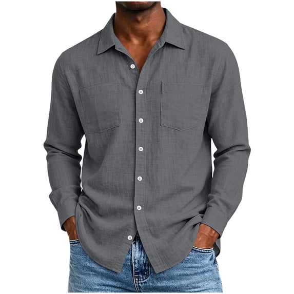 QIYAGBSA Long Sleeve Shirts for Men, Cotton Linen Button Down Collared Shirt with Pockets for Casual Weekend and Office Days