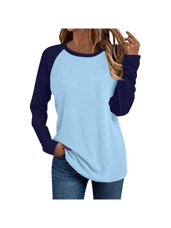 Long Sleeve Tops for Women Color Block Raglan Baseball Tee Crew Neck Loose Tunic for Fall Casual Weekend Guest Dinner Errands
