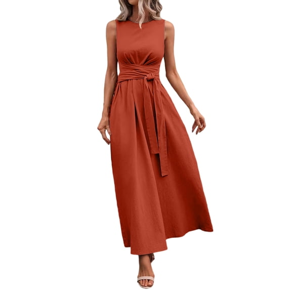 QIYAGBSA Maxi Dresses for Women Sleeveless Round Neck Tie Waist A Line Summer Casual Dressy Casual