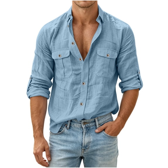 QIYAGBSA Men's Long Sleeve Button Down Shirt, Textured Cotton Linen Work Shirt with Double Pockets for Casual Office and Weekend