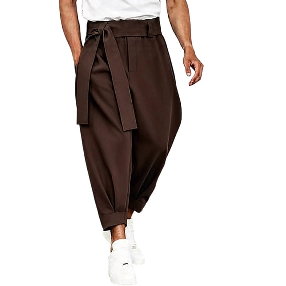 QIYAGBSA Men's Tie Waist Harem Pants Relaxed Drop Crotch Tapered Leg Casual Trousers with Side Pockets Streetwear Style (Brown, 3XL)