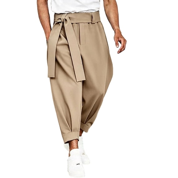 QIYAGBSA Men's Tie Waist Harem Pants Relaxed Drop Crotch Tapered Leg Casual Trousers with Side Pockets Streetwear Style (Khaki, 2XL)