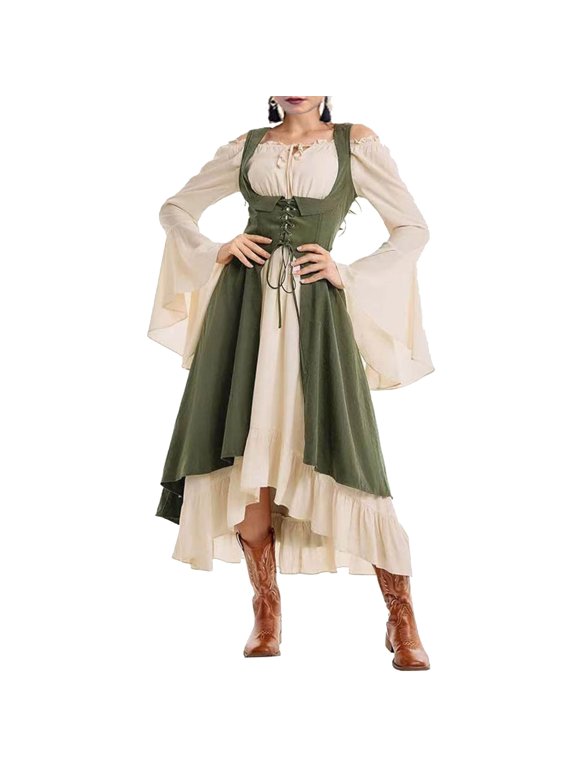 Midi Dress for Women Renaissance Square Neck Bell Long Sleeves Lace Up Bodice Tiered Ruffle Hem A Line Cut Relaxed Fit Solid