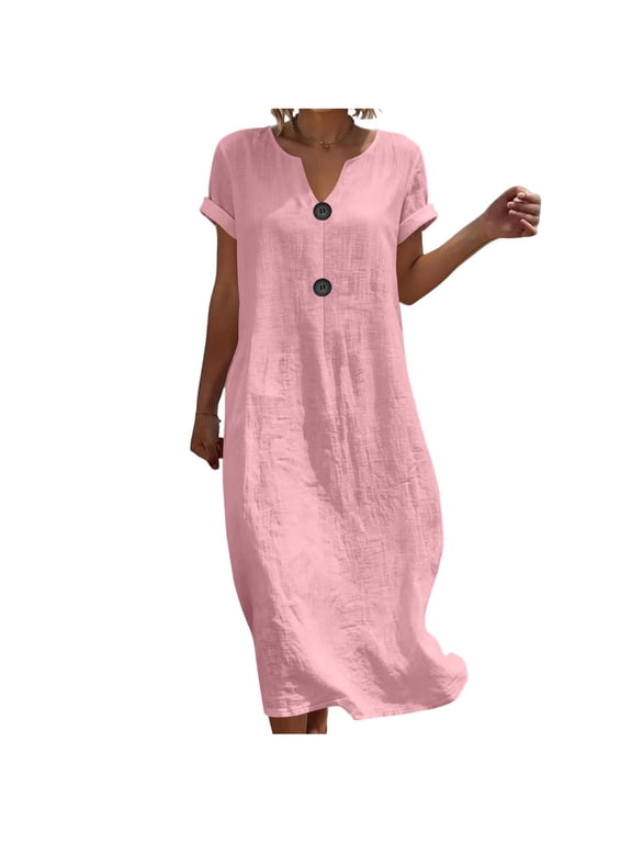 Midi Dresses for Women Short Sleeve V Neck Button Front Rolled Sleeves Loose Fit Cotton Linen Solid Color Casual Summer Dress