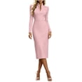 thumbnail image 1 of QIYAGBSA Mock Neck Dress for Women Soft Stand Collar V Slit Fitted Midi Pencil Work Dress Long Sleeve Fall Winter, 1 of 5