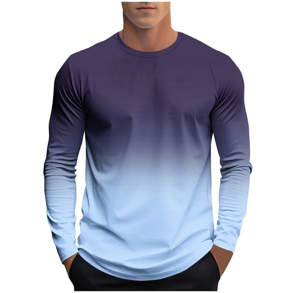 QIYAGBSA Ombre Gradient Long Sleeve T Shirts for Men Crew Neck Casual Pullover Lightweight Athletic Fit Fall Spring Base Layer Tees