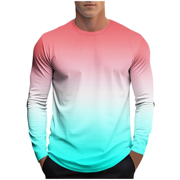 QIYAGBSA Ombre Gradient Long Sleeve T Shirts for Men Crew Neck Casual Pullover Lightweight Athletic Fit Fall Spring Base Layer Tees