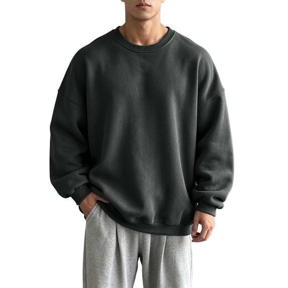 QIYAGBSA Oversized Crewneck Sweatshirts for Men Fleece Lined Solid Color Long Sleeve Pullover Drop Shoulder with Ribbed Cuffs for Casual Fall Winter