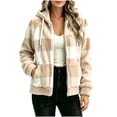 thumbnail image 1 of QIYAGBSA Plaid Jackets for Women Hooded Full Zip Sherpa Fleece Color Block Long Sleeve with Patch Pockets Warm Winter Coats Fall Layer, 1 of 7