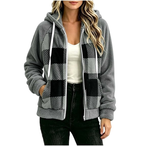 QIYAGBSA Plaid Jackets for Women Hooded Full Zip Sherpa Fleece Color Block Long Sleeve with Patch Pockets Warm Winter Coats Fall Layer