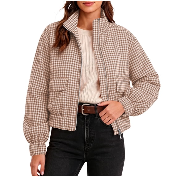 QIYAGBSA Plaid Jackets for Women Stand Collar Zip Up Checkered Long Sleeve Lightweight Coat with Flap Pockets Casual Fall Spring Travel Weekend