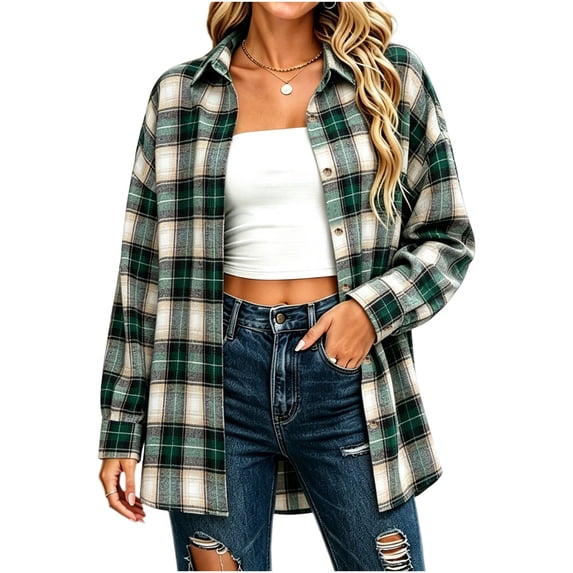 QIYAGBSA Plaid Shirt for Women Button Down Collared Long Sleeve Lightweight Mid Length Casual Fall Top (Green, M)