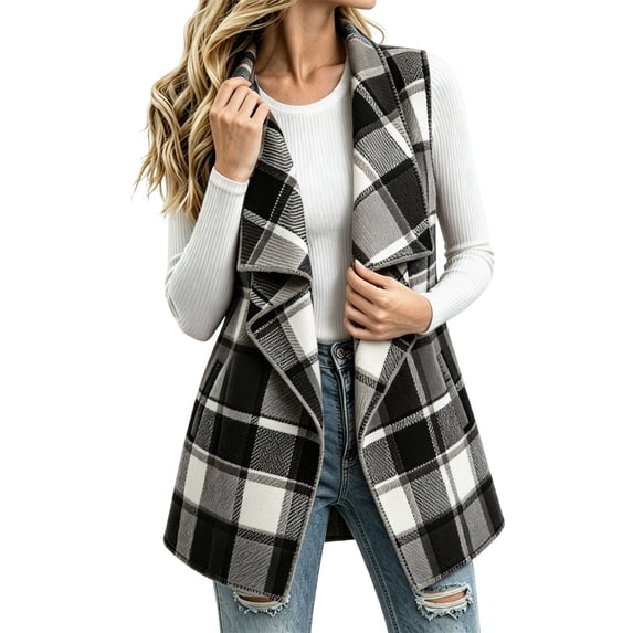 QIYAGBSA Plaid Vest for Women Open Front Notch Lapel Sleeveless Mid Length Cardigan Outerwear with Side Pockets Fall Casual Lightweight Layer