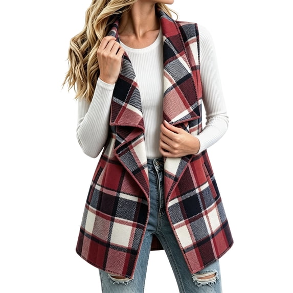 QIYAGBSA Plaid Vest for Women Open Front Notch Lapel Sleeveless Mid Length Cardigan Outerwear with Side Pockets Fall Casual Lightweight Layer