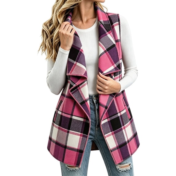 QIYAGBSA Plaid Vest for Women Open Front Notch Lapel Sleeveless Mid Length Cardigan Outerwear with Side Pockets Fall Casual Lightweight Layer