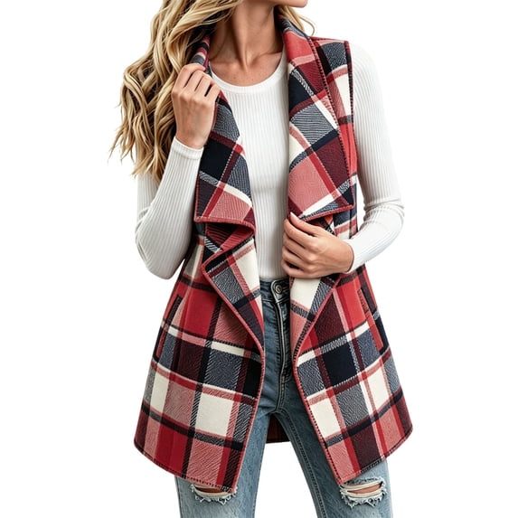 QIYAGBSA Plaid Vest for Women Open Front Notch Lapel Sleeveless Mid Length Cardigan Outerwear with Side Pockets Fall Casual Lightweight Layer
