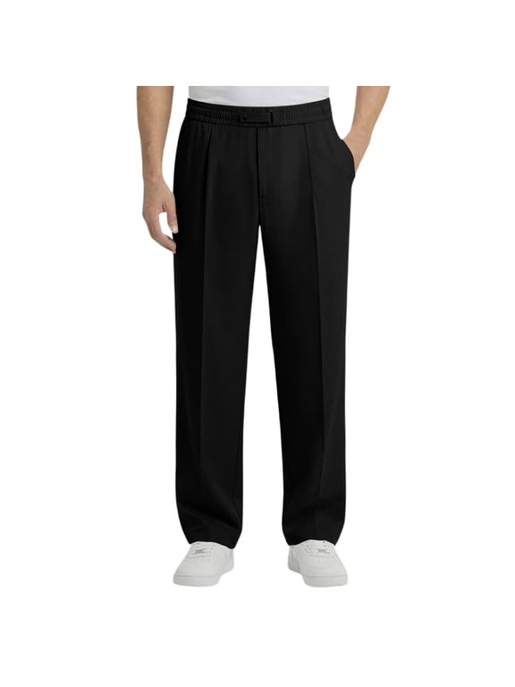 Pleated Dress Pants for Men Elastic Waist Straight Leg Loose Fit Business Casual Trousers with Side Pockets for Office Work Travel