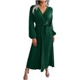 thumbnail image 1 of QIYAGBSA Pleated Maxi Dress for Women Soft V Neck Tie Waist Swing Dress Lantern Sleeve Long Sleeve Fall Winter, 1 of 8