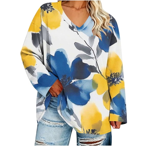 QIYAGBSA Plus Size Floral Tops for Women V Neck Long Sleeve Loose Fit Curved Hem Side Slit Casual Tunic for Fall Everyday Wear