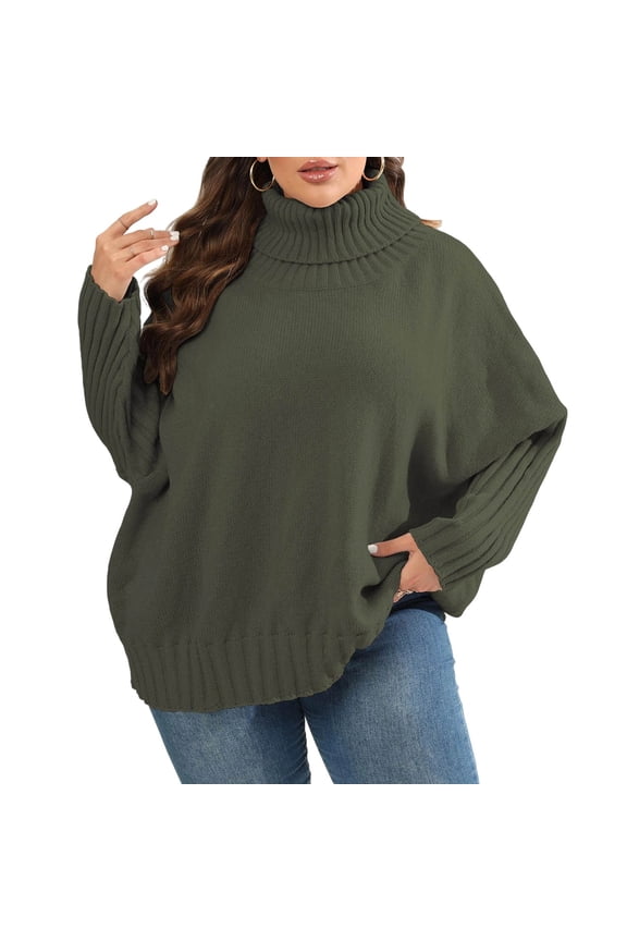 Plus Size Sweater for Women Oversized Batwing Sleeve Turtleneck Ribbed Trim Casual Fall Winter Pullover (Army Green L)