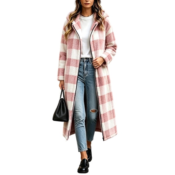QIYAGBSA Plush Plaid Fleece Jackets for Women Hooded Full Zip Long Coat Fuzzy Winter Warm Casual Fall Outerwear Oversized Layer