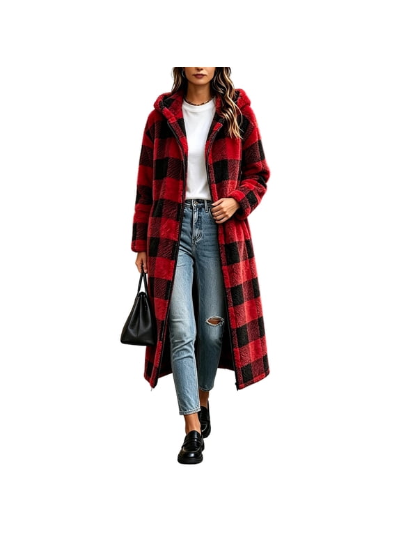 Plush Plaid Fleece Jackets for Women Hooded Full Zip Long Coat Fuzzy Winter Warm Casual Fall Outerwear Oversized Layer