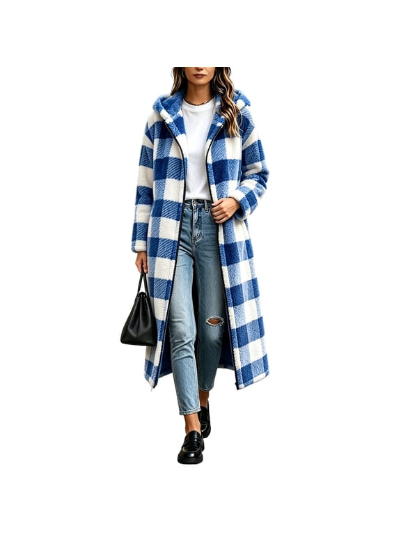 Plush Plaid Fleece Jackets for Women Hooded Full Zip Long Coat Fuzzy Winter Warm Casual Fall Outerwear Oversized Layer
