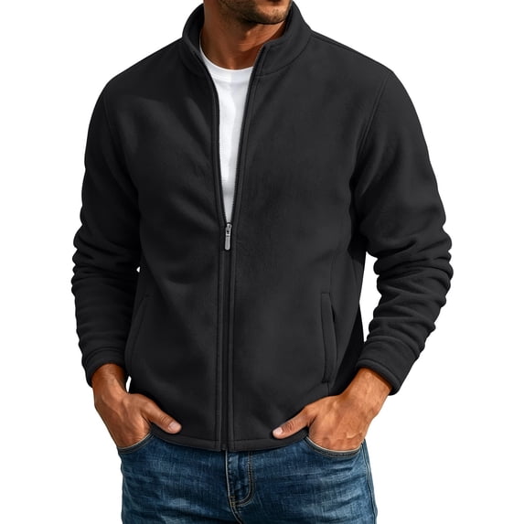 QIYAGBSA Polar Fleece Jackets for Men Full Zip Stand Collar Solid Long Sleeve No Hood with Side Pockets Fall Winter Warm Casual Outdoor