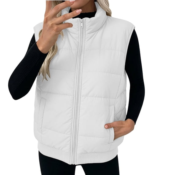 QIYAGBSA Quilted Puffer Vest for Women Stand Collar Full Zip Lightweight Sleeveless Fall Winter Warm Coats with Ribbed Hem and Side Pockets