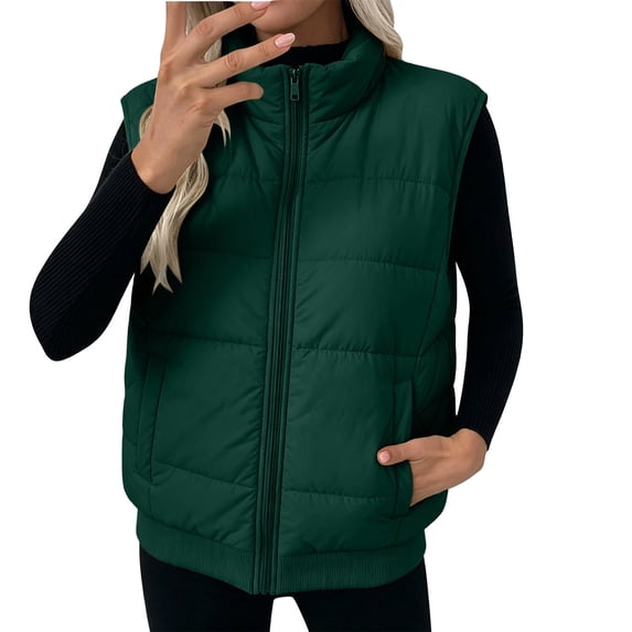 QIYAGBSA Quilted Puffer Vest for Women Stand Collar Full Zip Lightweight Sleeveless Fall Winter Warm Coats with Ribbed Hem and Side Pockets