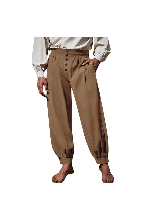 Renaissance Pants for Men Loose Cotton Baggy Button Front with Side Pockets and Gathered Ankle Cuffs Medieval Pirate Gothic Casual
